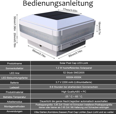 FVTLED 4er Solar Zaunbeleuchtung Pfostenkappe für Mehrere Grössen 7x7,8x8,9x9,10x10 Standardpfosten