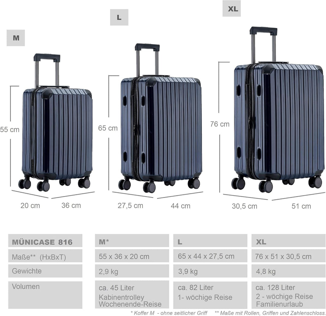 Münicase M816 TSA-Schloss, Dehnungsfuge, Teleskopgriff, Reisekoffer mit 4 Rollen, Hartschale, Kabine