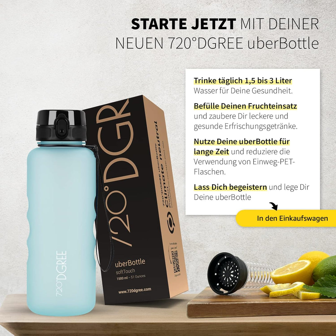 720°DGREE Trinkflasche “uberBottle“ 350ml, 500ml, 650ml, 1l softTouch +Früchtebehälter - Auslaufsich