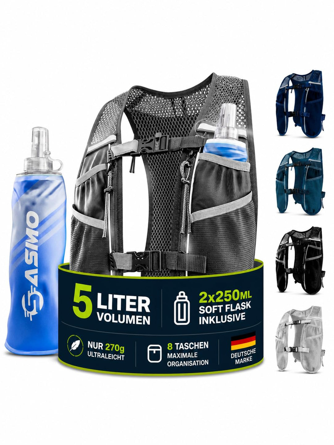 SASMO® Laufweste Damen & Herren 5L / 2L | Running Vest - Ultraleicht & atmungsaktiv| Laufrucksack Da