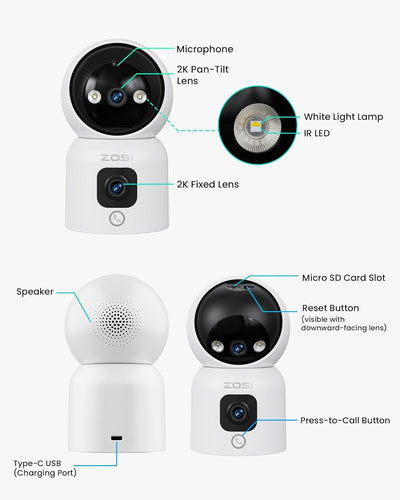 ZOSI Überwachungskamera Innen mit Dual-Objektiv 3MP+3MP, 2,4/5G WLAN, Taste/OK-Geste-Anruf, KI Perso