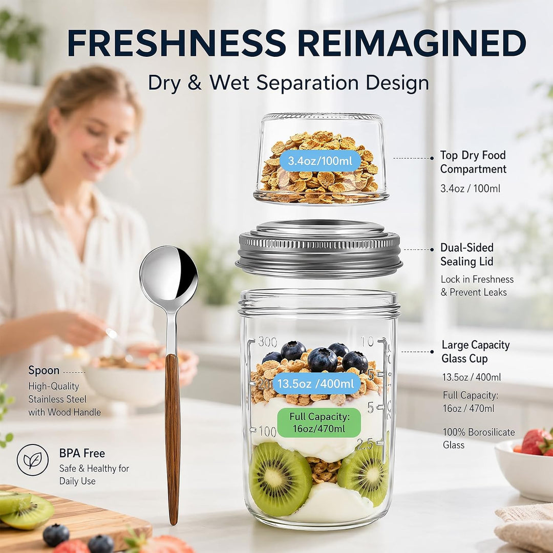 Yuragim 4er Overnight Oats Gläser, 400ml+100ml Müslibecher to go mit Deckel und Löffel, Doppelkammer