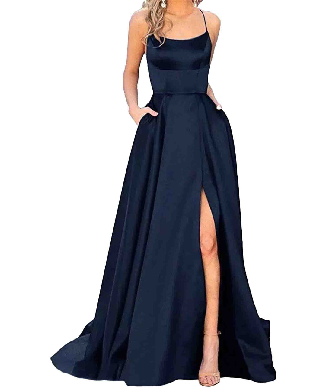xxxiticat Damen Elegant Lange Ballkleider mit Taschen Satin A-Linie Backless Hochzeitskleid Abendkle