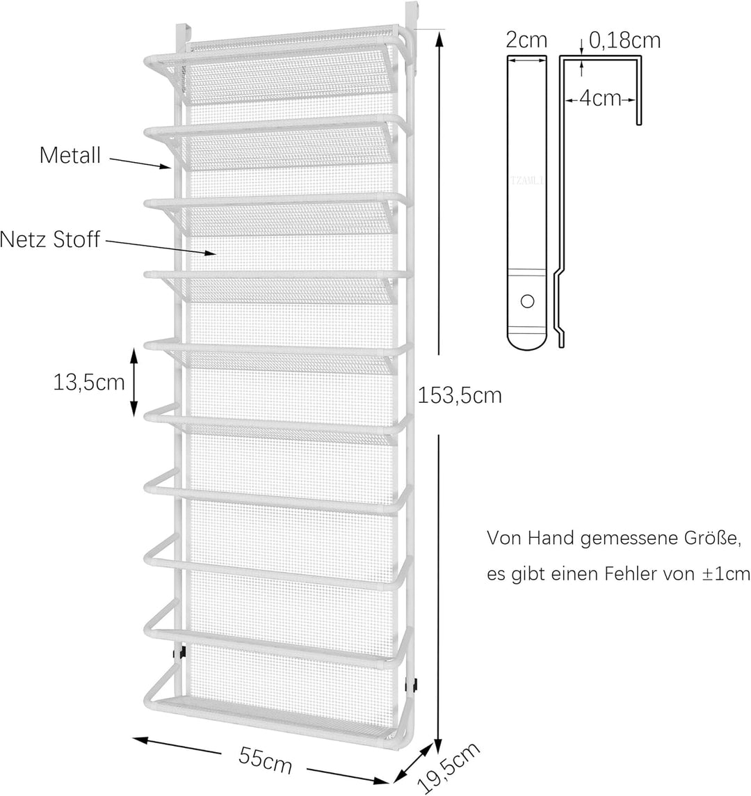 TZAMLI Schuhregal über der Tür mit 10 Ebenen, Hängend Schuhschrank Schuhablage Metall Schuh-Organize