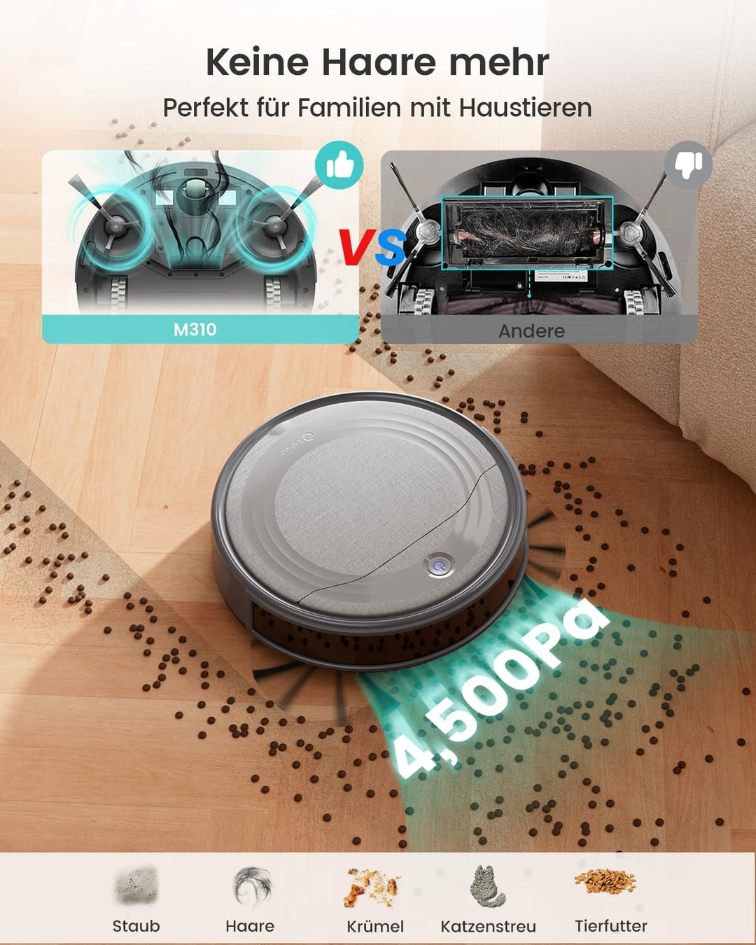 LEFANT M310 Saugroboter, Staubsauger Roboter mit 4500Pa Saugkraft, 180 Minuten Akkulaufzeit, Hindern