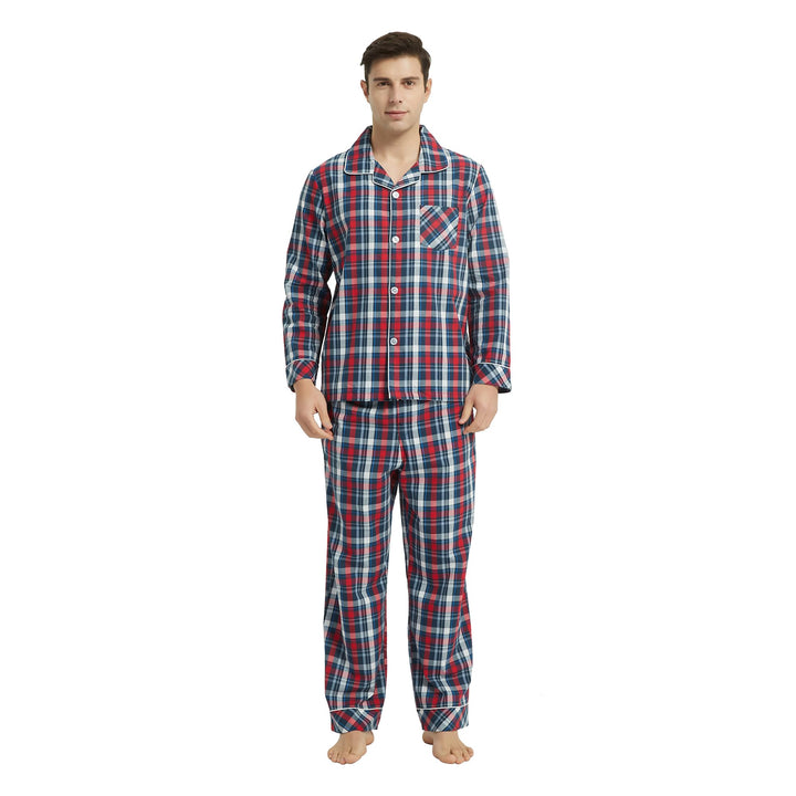 Vulcanodon Pyjama Herren 100% Baumwolle Schlafanzug lang Set kariert mit Knopfleiste weiche Nachtwäs