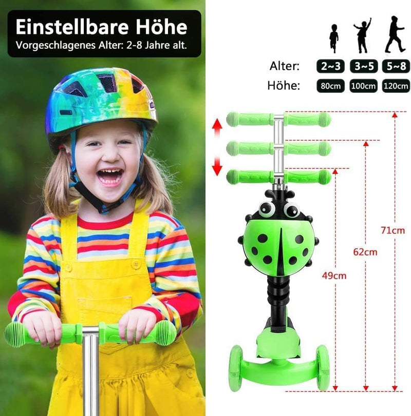 YOLEO 5-in-1 Kinder Roller Scooter mit Abnehmbarer Karikaturkorb Sitz Schubstange LED grosse Räder B