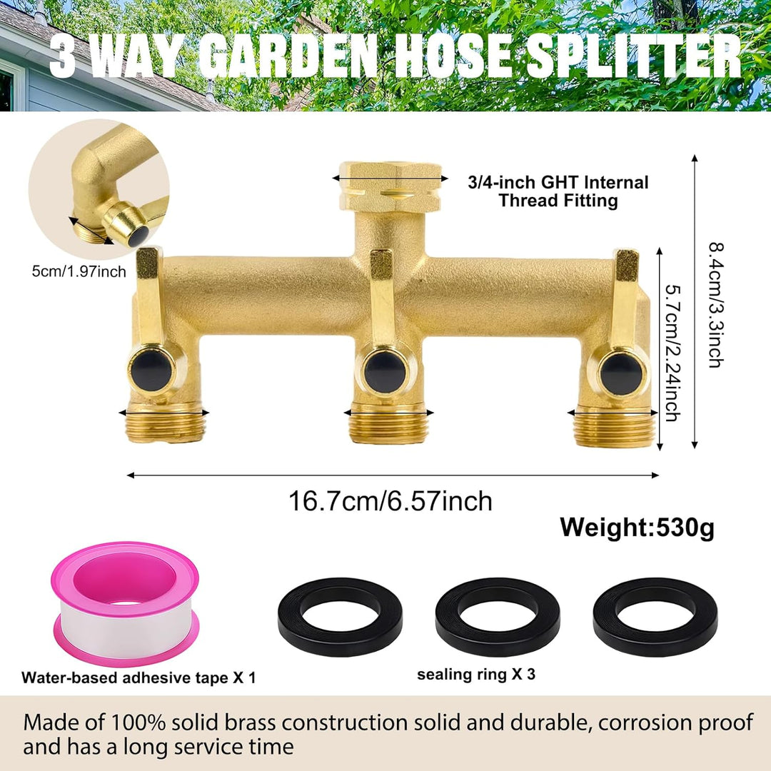 3-Wege Verteiler, 3-Wege-Ventil für Gartenschläuche, 3/4" AG, Messing Wasseranschluss Verteiler, mit