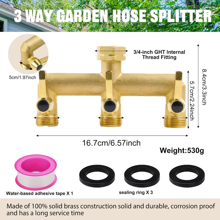 3-Wege Verteiler, 3-Wege-Ventil für Gartenschläuche, 3/4" AG, Messing Wasseranschluss Verteiler, mit
