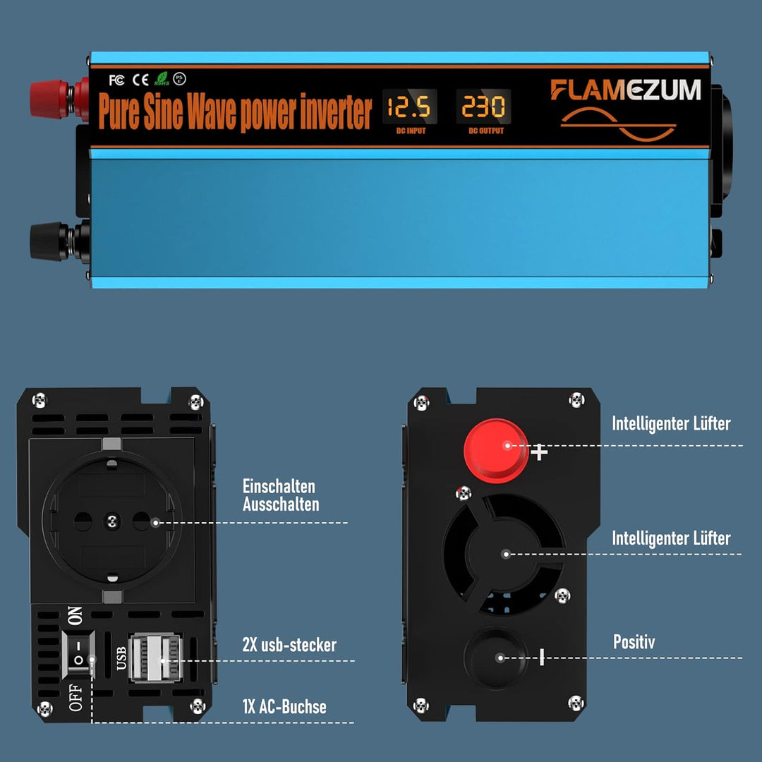 1000w Spannungswandler 12v Auf 230v Reiner Sinus Wechselrichter mit 1 EU-Steckdose und 2 USB Autolad