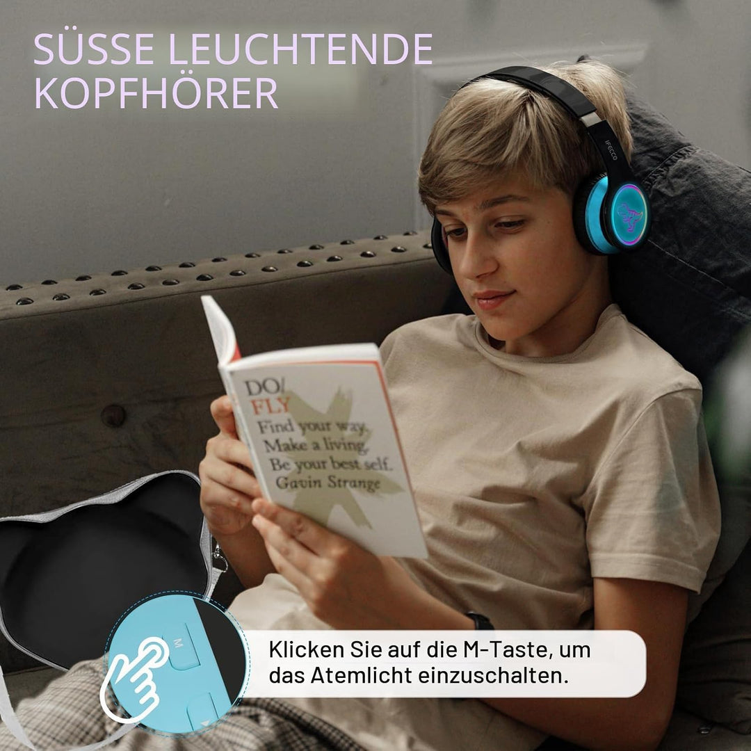 IFECCO Bluetooth Kopfhörer Kinder kabellos mit Aufbewahrungstasche, Kinderkopfhörer Over-Ear mit LED