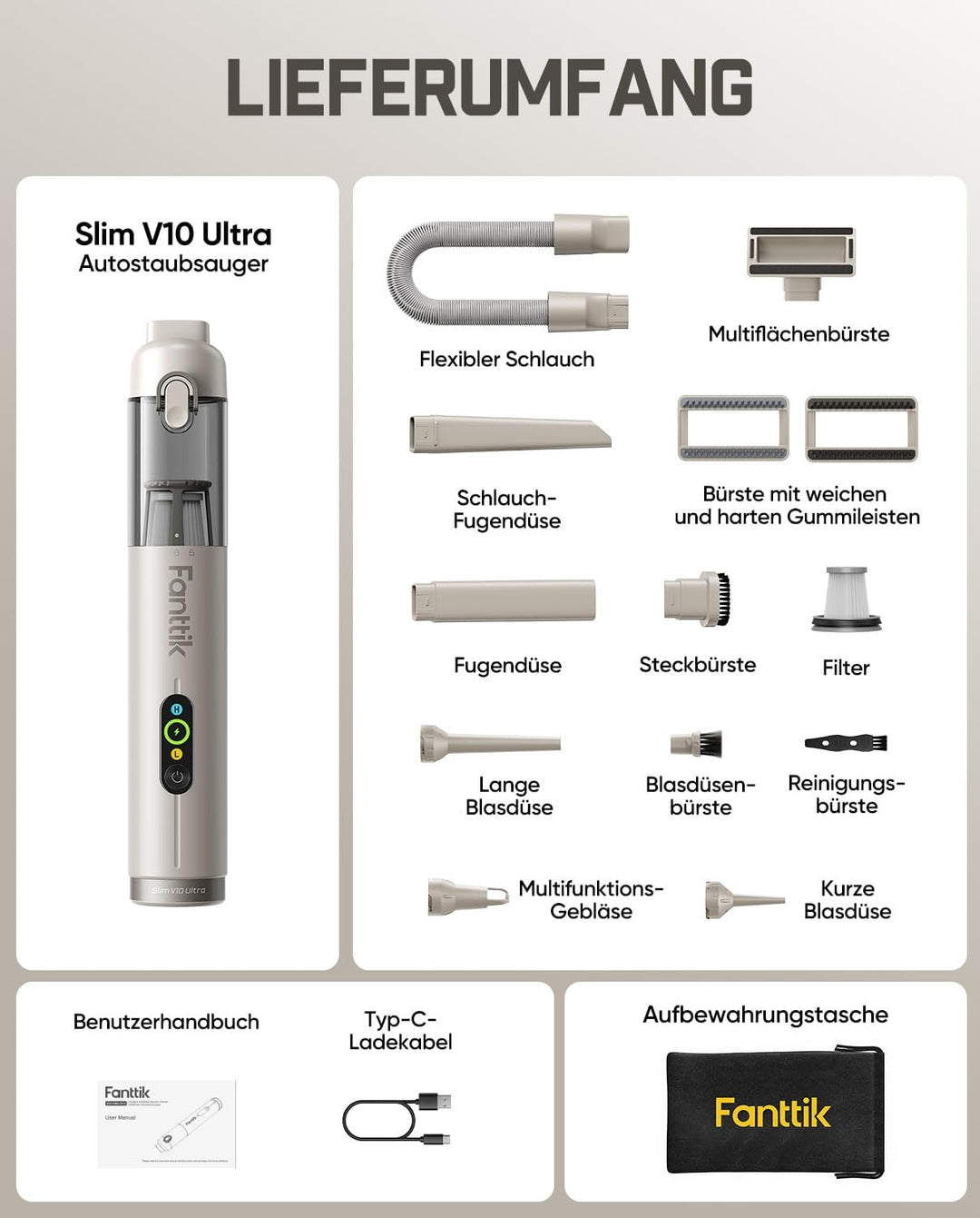 Fanttik Slim V10 Ultra kabelloser Autostaubsauger, 4-in-1 Mini Handstaubsauger mit 19 kPa Saugkraft,