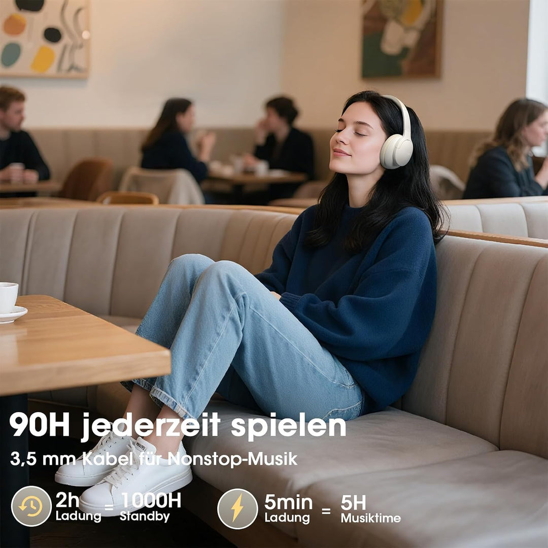 DOQAUS Bluetooth Kopfhörer Over-Ear Bis zu 90 Std,Kopfhörer Over Ear mit 3 EQ-Modi, HiFi-Stereo Falt