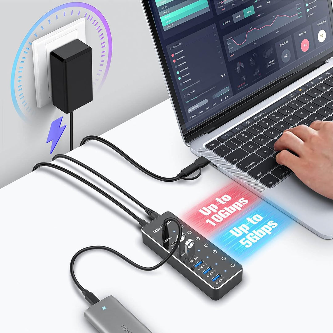 USB C 3.2 Hub Aktiv mit Netzteil, RSHTECH 7 Port USB 3.1 Gen2 Hub mit 3*10Gbps Datenports (Type-A, 2