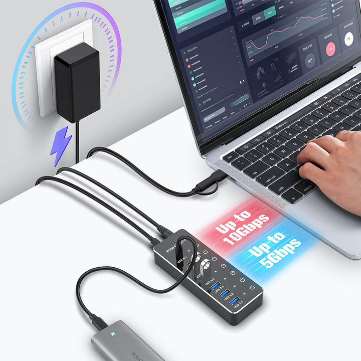 USB C 3.2 Hub Aktiv mit Netzteil, RSHTECH 7 Port USB 3.1 Gen2 Hub mit 3*10Gbps Datenports (Type-A, 2