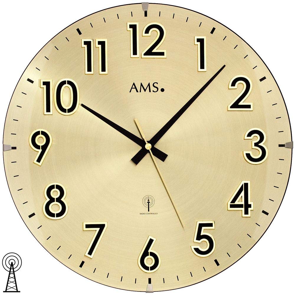 AMS 5974 Wanduhr Funk Funkwanduhr Analog Messing Farben Golden mit Glas