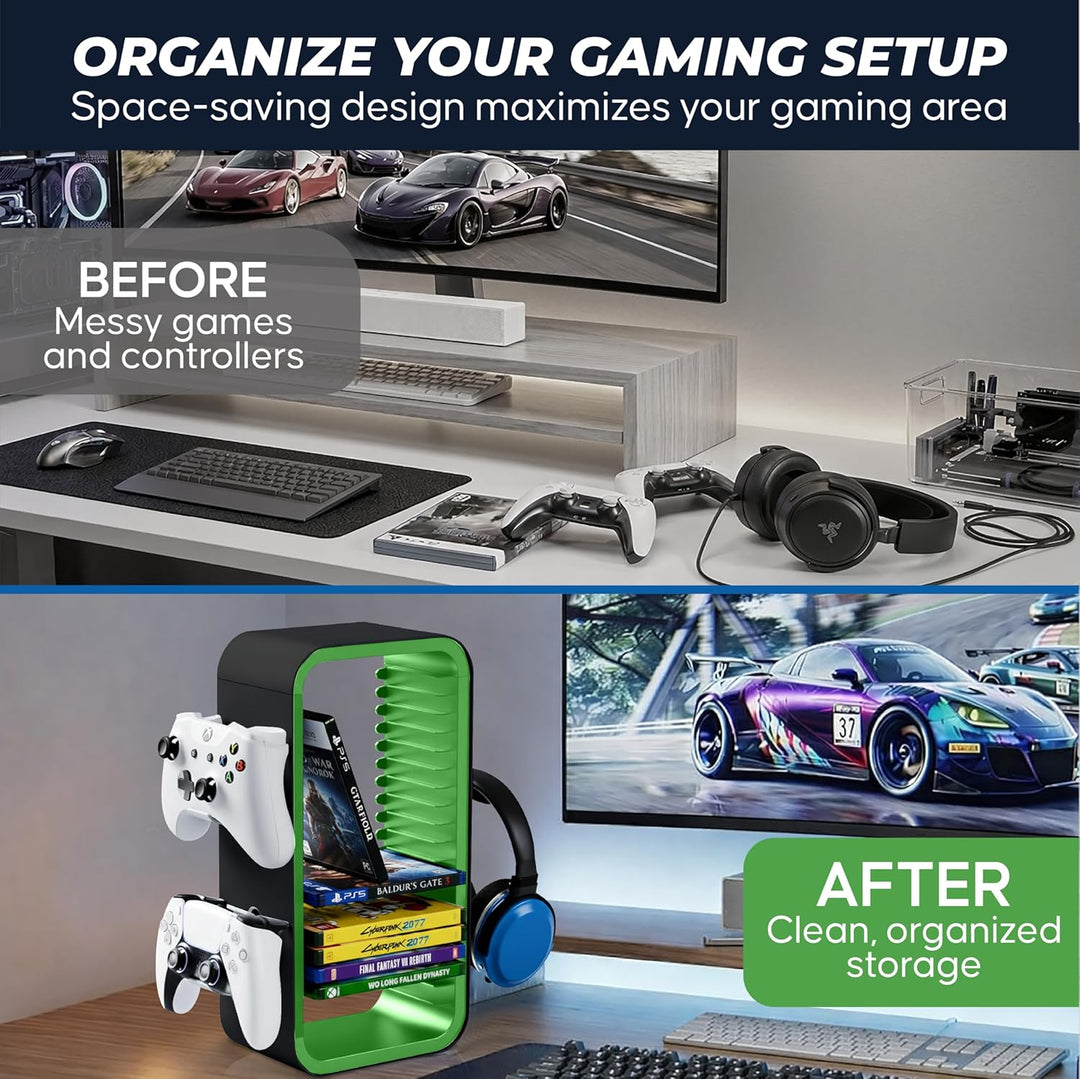 Universal Games Storage Tower Pro - Bis zu 18 Spiele - Mit Controller Halterung für bis zu 4 Gamepad