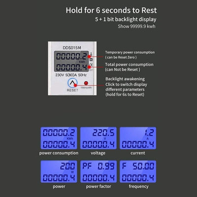 Einphasen-Stromzähler, DDS015M Wattstunden-Energiezähler Digitales DIN-Schienen-KWH-Messgerät, Displ