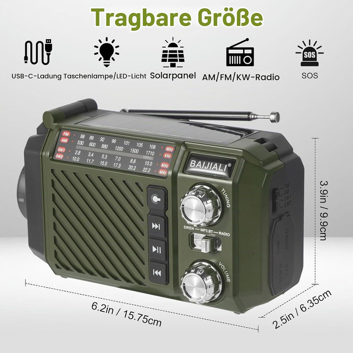 Kurbelradio Notfallradio mit 2600mAh Powerbank, Solar &amp; USB-C Ladung, AM/FM/SW Weltempfänger, LED-Ta