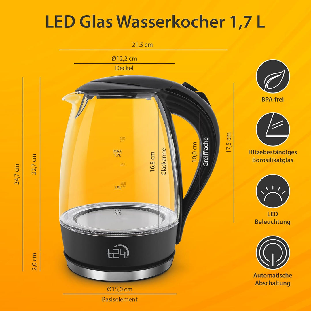 T24 Glas Wasserkocher 1,7L, 2200W, LED-Beleuchtung, 100% BPA-frei, Verdicktes Borosilikatglas, Trock