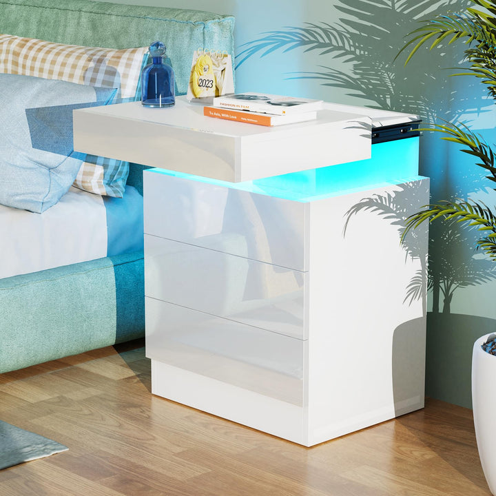 Lvhcmfohm Nachttisch Weiss mit Led, Nachtschrank, Nachtkommode mit 2 Schubladen und Schränke mit Kla