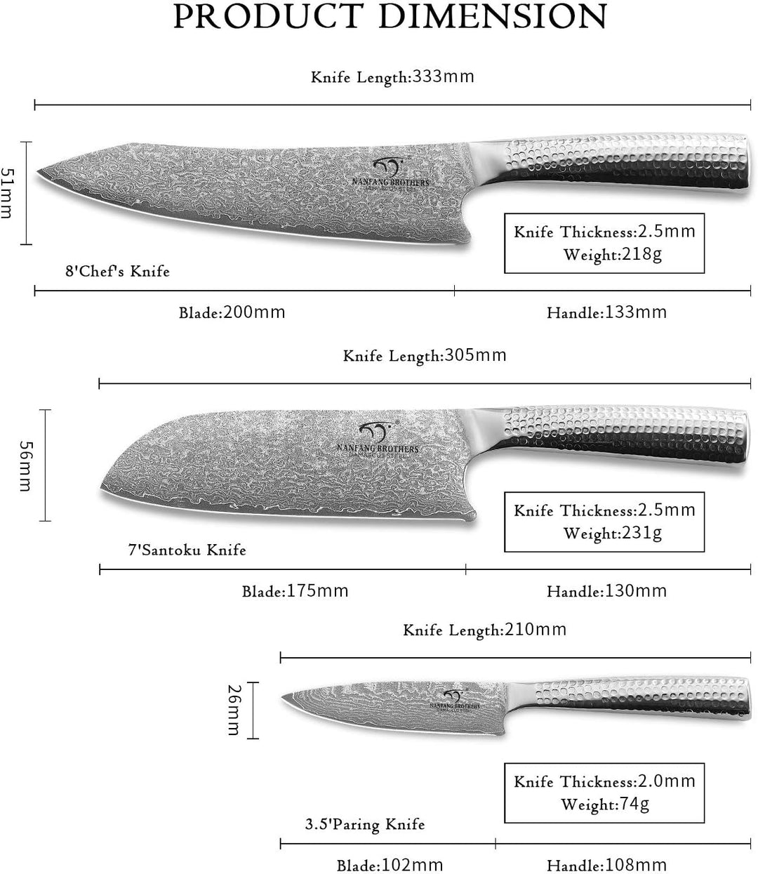 NANFANG BROTHERS Damaskus Küchenmesser Set, Messerse mit Kochmesser, Santoku Messer und Schälmesser,