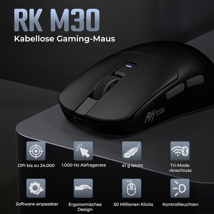 RK ROYAL KLUDGE M30 Gaming Maus Wireless, 12000 DPI PixArt PAW3311 Sensor Gaming Mouse, 41g Ultralig
