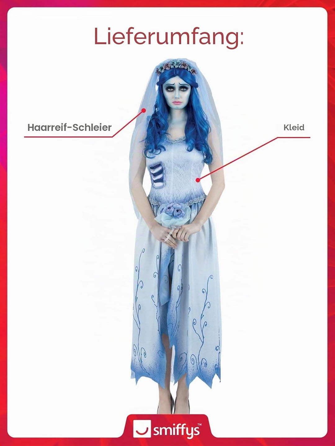 Smiffys Corpse Bride Emily Kostüm für Erwachsene, Kleid und Stirnband mit Schleier, offiziell lizenz