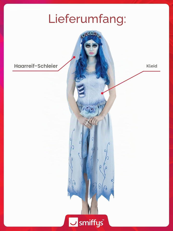 Smiffys Corpse Bride Emily Kostüm für Erwachsene, Kleid und Stirnband mit Schleier, offiziell lizenz