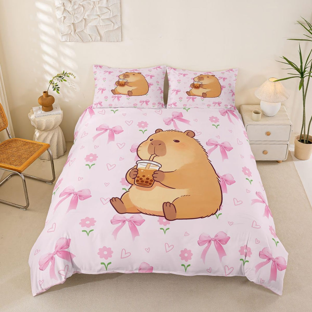 Homemissing Rosa Schleifen Capybara Bettwäsche 135x200cm süsses Mädchen-Design für Kinderzimmer,Bett