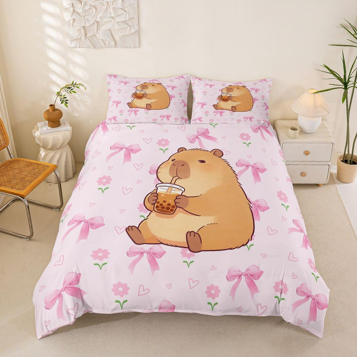 Homemissing Rosa Schleifen Capybara Bettwäsche 135x200cm süsses Mädchen-Design für Kinderzimmer,Bett
