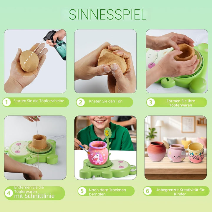 Töpferset für Kinder, Mini Töpferscheibe Elektrisch mit 3 Packungen Ton, Farbe, Zeichenwerkzeuge, Sc