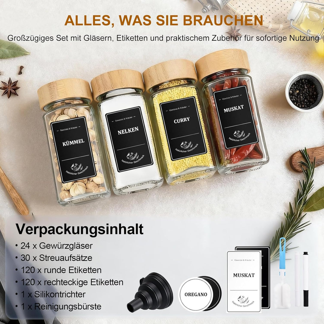 Gewürzgläser Eckig – 24er Set mit Bambusdeckel, Etiketten in Schwarz & Weiss (360 Stück) & Silikontr