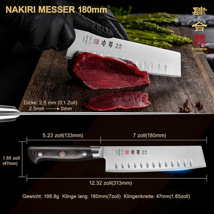 kanngou Classic. Japanisches Messer aus AUS-8 Stahl mit Kompletter Räuchergriff (Nakiri Kochmesser,