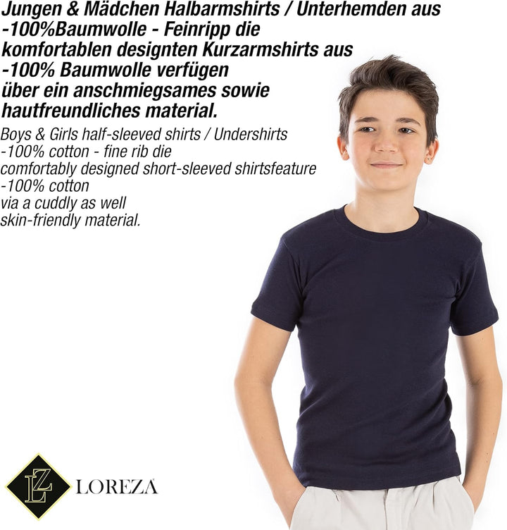 LOREZA ® 5er Pack Kinder Jungen Mädchen Unterhemd Kurzarm T-Shirt 100% Baumwolle Feinripp Unisex 104