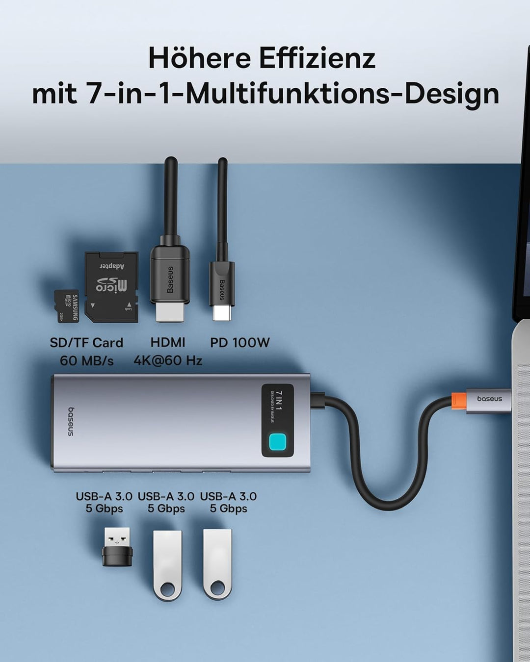 Baseus USB C Hub 7 in 1 Adapter mit 4K@60Hz HDMI, 100W PD, 3 A 3.0 5Gbps, SD/TF Kartenleser, Docking