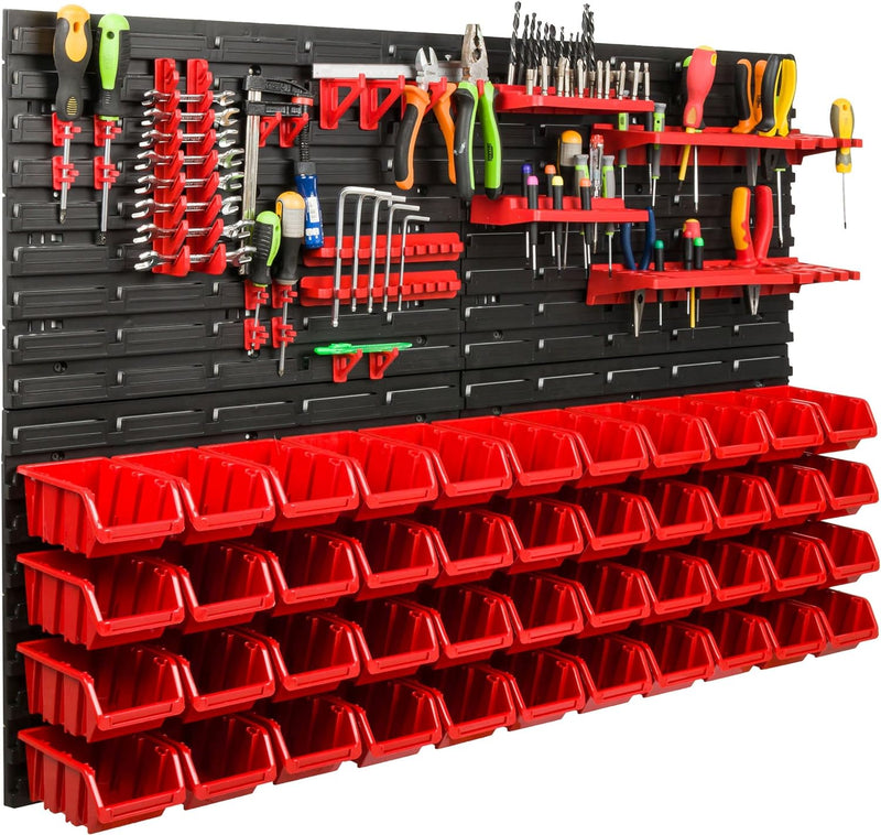 Lagersystem Werkstattregal | 115 x 78 cm | 44 stck. Box | Wandregal mit Werkzeughalterungen und Stap