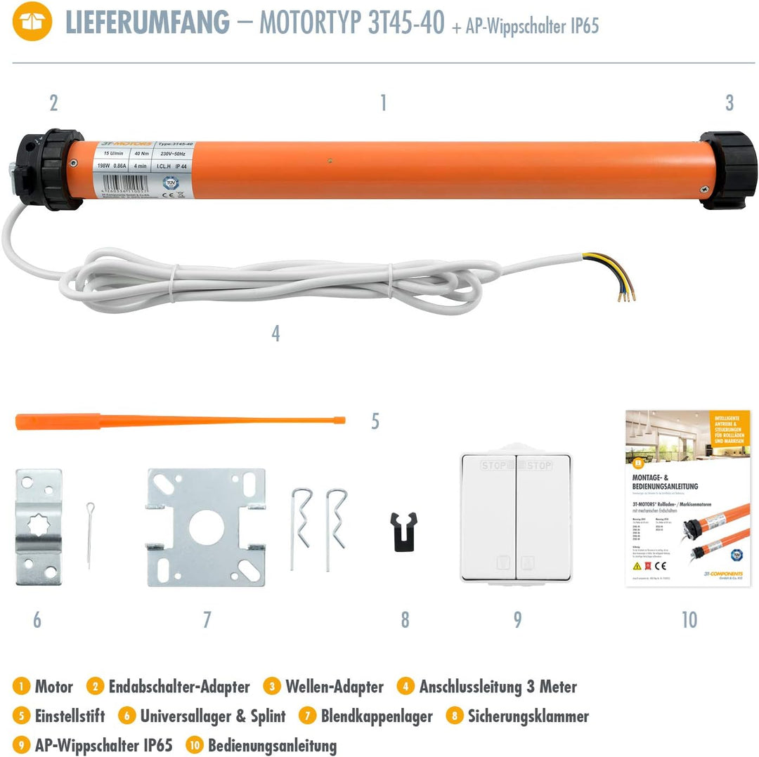3T-MOTORS Markisenmotor Set 3T45-40 + AP-Schalter (Zugkraft 40 Nm/80 kg) für 78 mm Markisenwelle, zu
