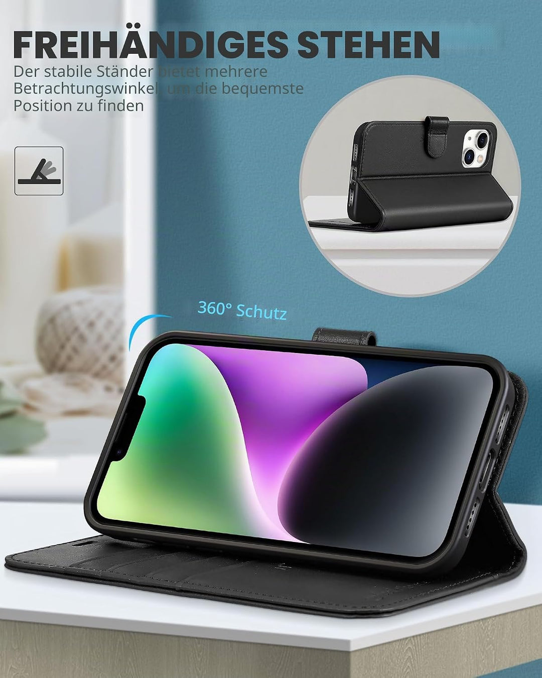 SHIELDON Hülle für iPhone 14 Plus 5G Handyhülle TPU Schutzhülle [Echtleder] [Kartenfach] [Magnet] [S