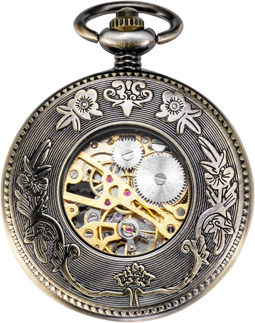 TREEWETO Unisex Taschenuhr mit Kette Analog Handaufzug Antik Drache Phönix Skelett Bronze