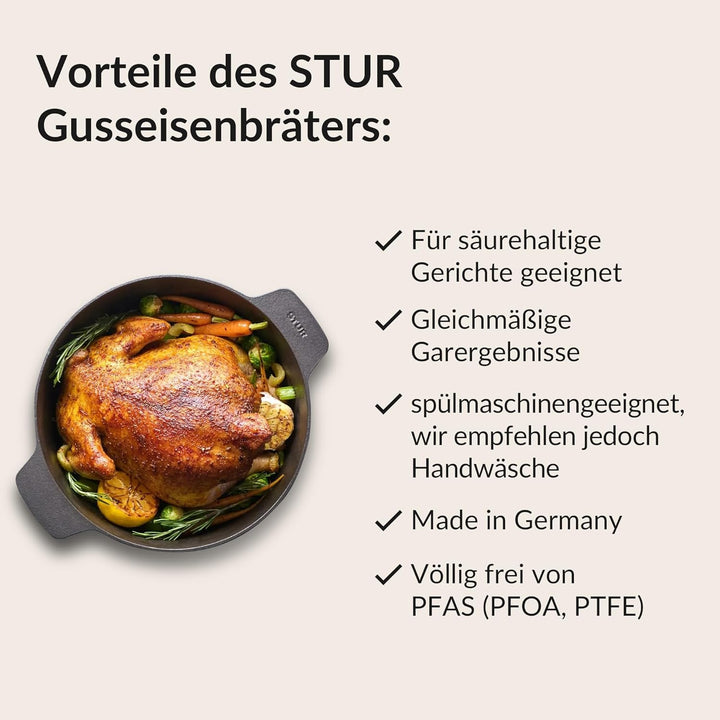 STUR Gusseisenbräter 28 cm – emaillierter Schmortopf aus Gusseisen mit 7 Litern Volumen + Deckel – G