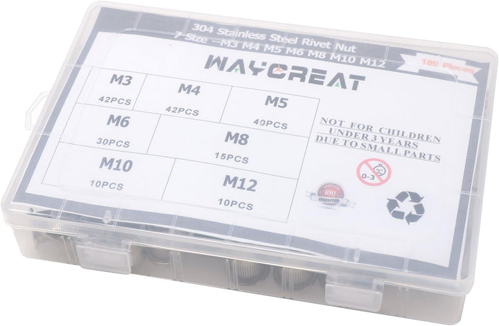 Waycreat 304 Nietmutter Edelstahl Sortiment,Rivet nut Nutsert Kit M3 M4 M5 M6 M8 M10 M12, 189-pack