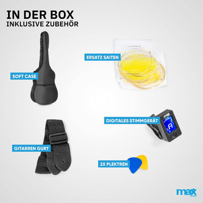 MAX SoloJam Westerngitarre, Akustik Gitarre Set, Acoustic Guitar, Akustikgitarre 4/4 mit Tasche, Ple