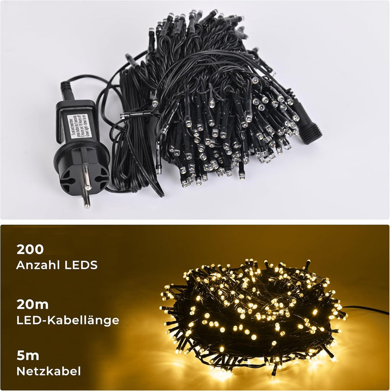 LED Lichterkette Aussen, 20 m 200 LED Weihnachtsbaum Lichterkette, 8 Modi LED Lichterkette Innen mit