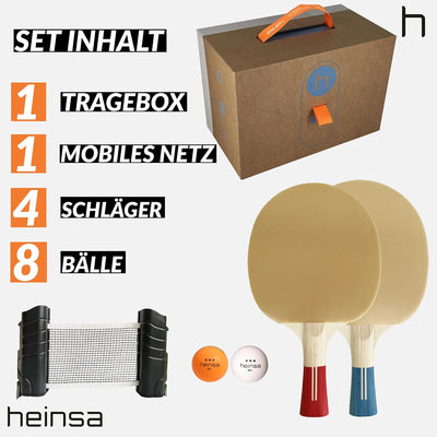 heinsa Tischtennisschläger Box mit 4 Tischtennisschlägern in Blau und Rot, 8 Tischtennisbällen, 1 Ti