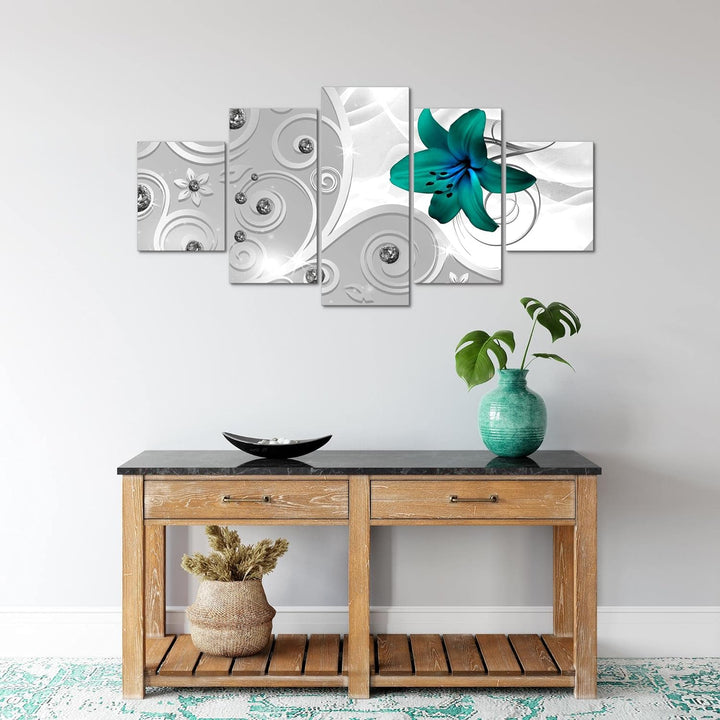 Runa Art Wandbilder Blumen Lilie 5 Teilig Bild auf Vlies Leinwand Deko Wohnzimmer Ornament Silber Gr