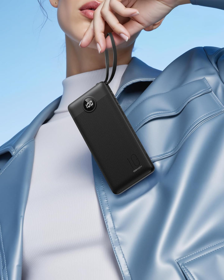 Power Bank mit Ladekabel, 10000mAh Tragbares Ladegerät USB C, 5 Ausgänge 2 Eingänge LED Display Exte