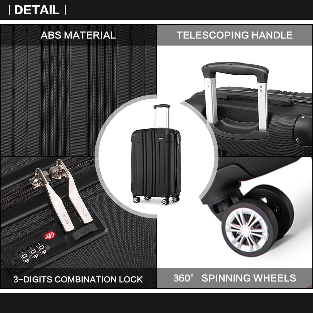 KONO Trolley Handgepäck Koffer 55x35x20cm Rollkoffer Reisekoffer mit 4 Rollen und Schloss (Schwarz),