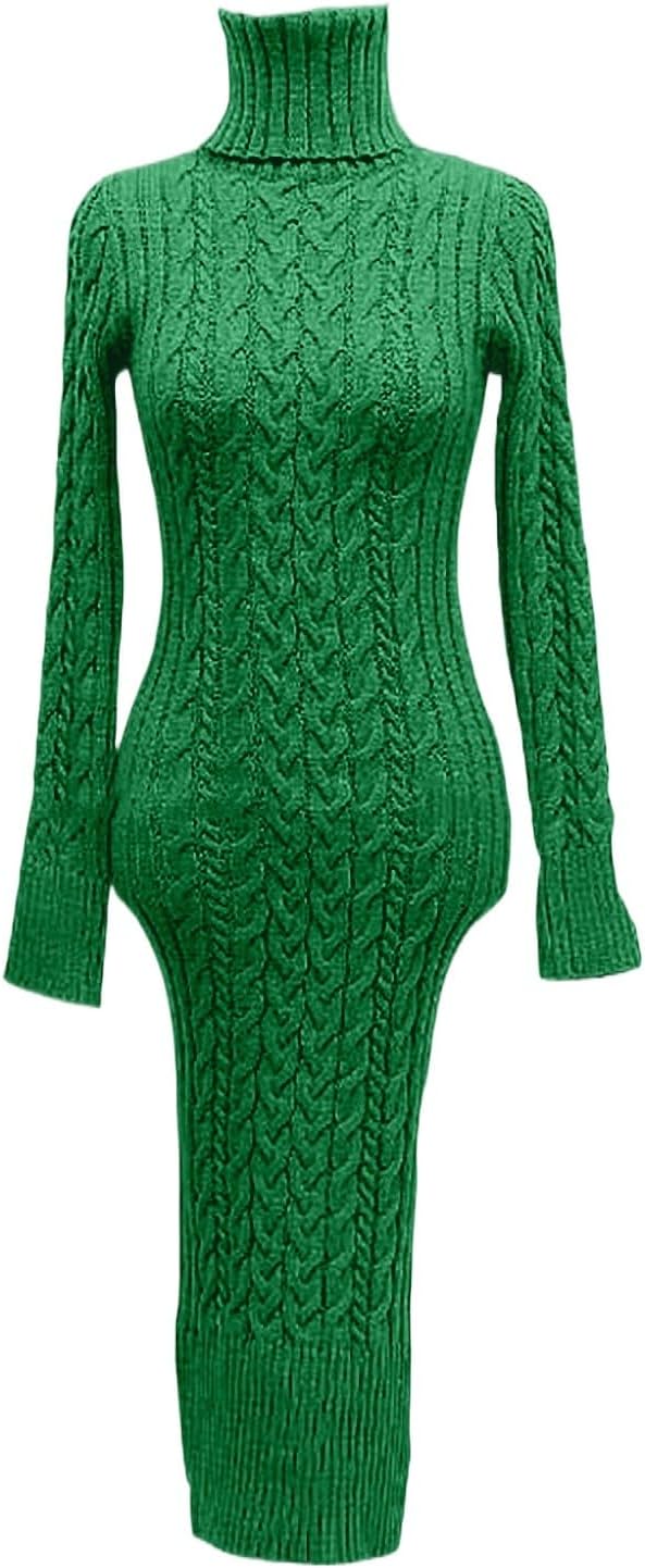 2025- für Damen gestrickte figurbetonte Midi-Pullover-Kleider Cardigan Mit Damen (Green S)
