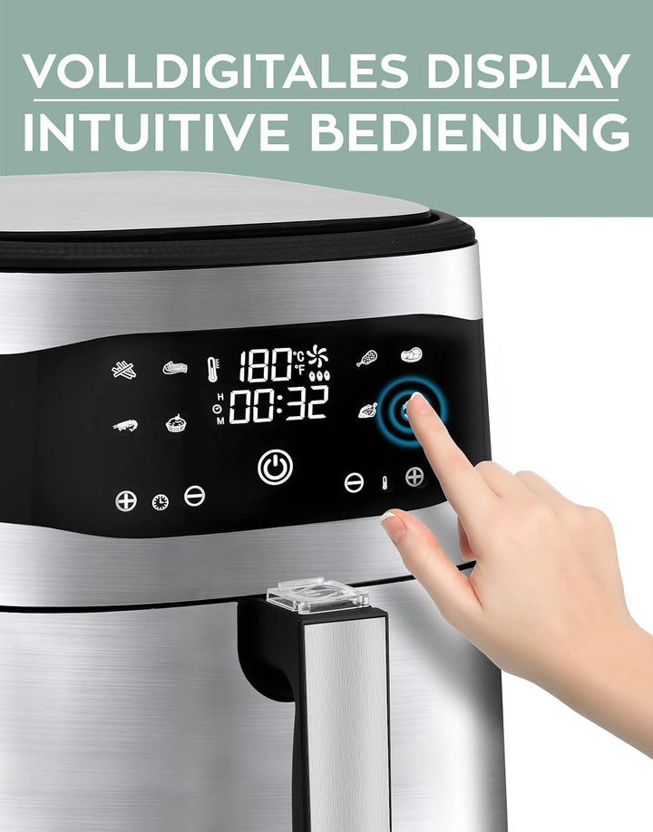 HEINRICHS Heissluftfritteuse Air Fryer aus Edelstahl mit digitalen LED-Display LCD Touch Display, 8